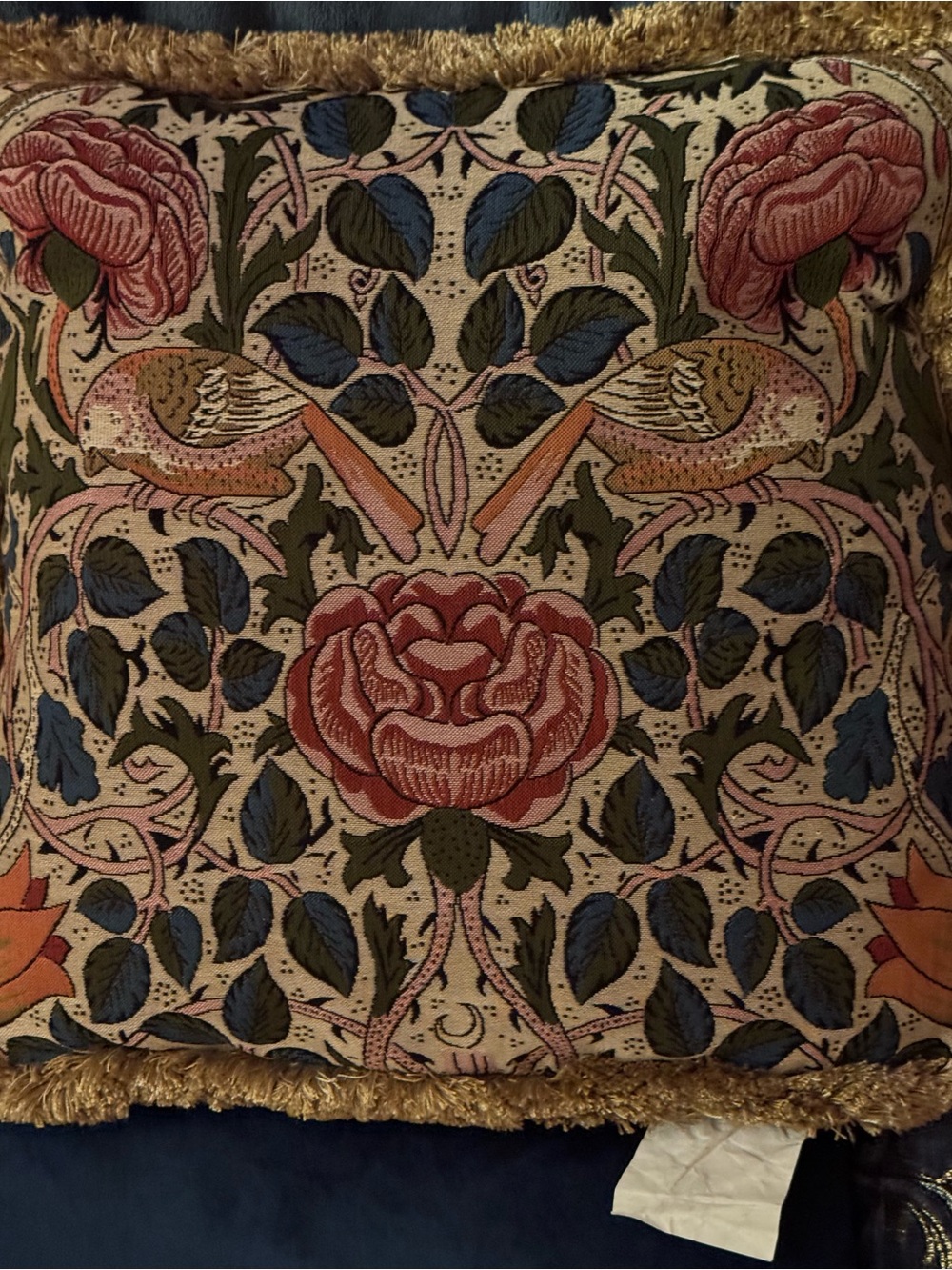 HINES England Decorative Floral & Bird Embroidered Throw Pillow/Rose and Blue